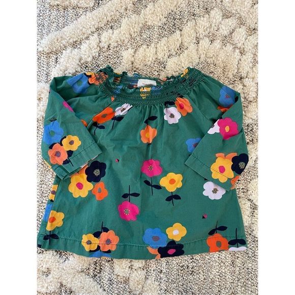 Hanna Andersson Top Smock Neck 3/4 Sleeve Floral Ladybug Green Girls Kids Size 4 - Picture 7 of 9